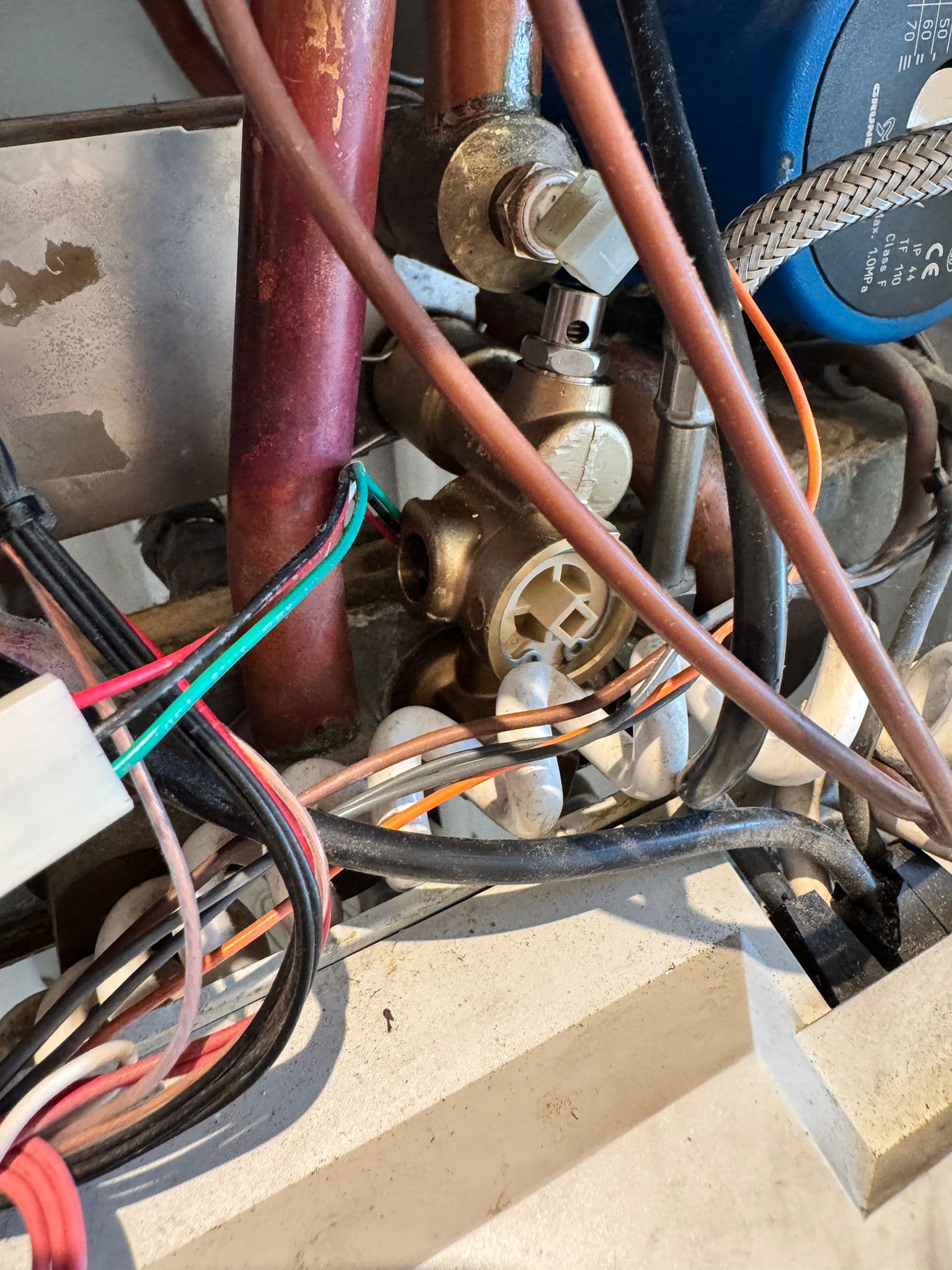 Inside the boiler showing the diverter valve and flow turbine area during the repair